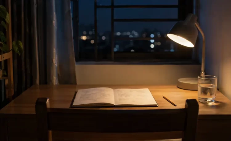 Bàn học buổi tối với vở ghi chép, bút và cốc nước dưới đèn bàn