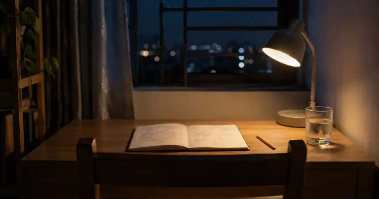 Bàn học buổi tối với vở ghi chép, bút và cốc nước dưới đèn bàn