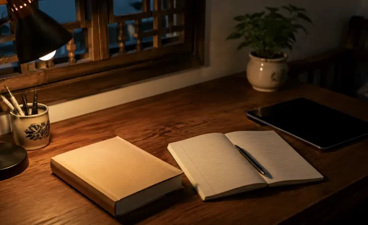 Góc học buổi tối với vở giấy, sách gấp và máy tính bảng để sang bên