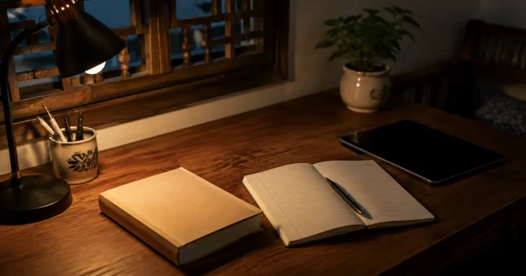 Góc học buổi tối với vở giấy, sách gấp và máy tính bảng để sang bên