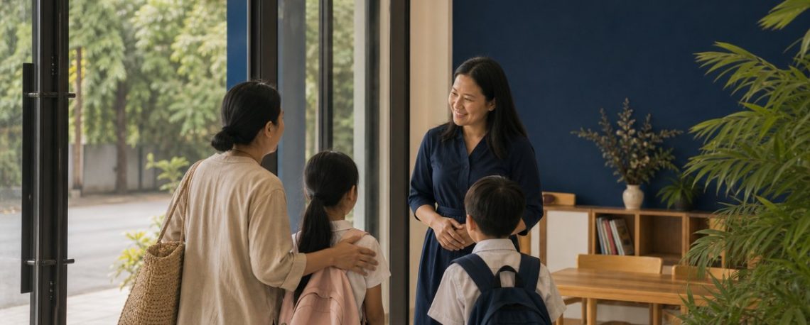 Giáo viên đón học sinh và phụ huynh tại cửa trung tâm