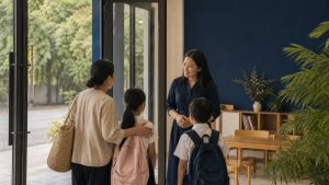 Giáo viên đón học sinh và phụ huynh tại cửa trung tâm