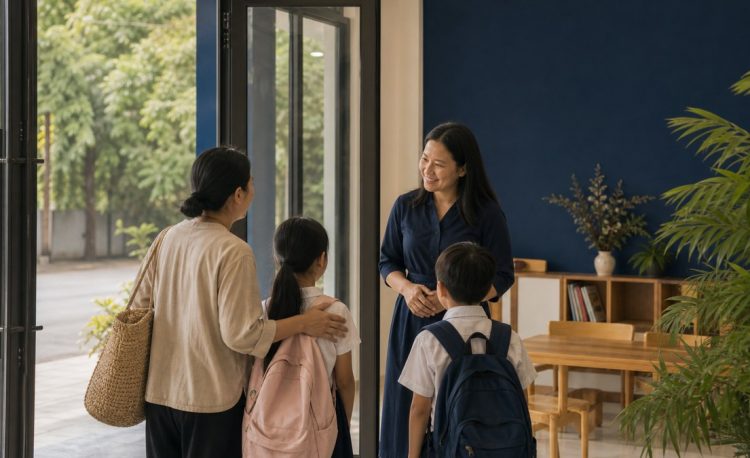 Giáo viên đón học sinh và phụ huynh tại cửa trung tâm