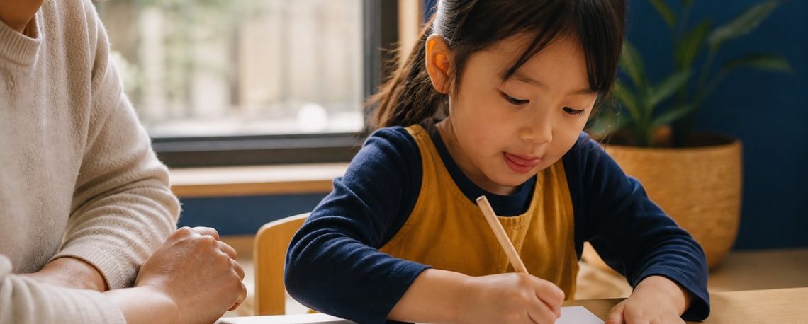 Trẻ mẫu giáo tập cầm bút tô nét trên giấy
