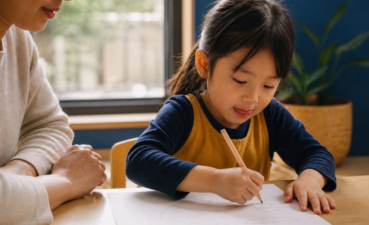 Trẻ mẫu giáo tập cầm bút tô nét trên giấy