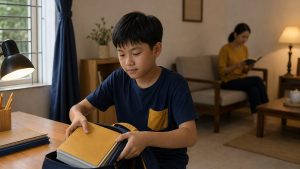 Học sinh ngồi vào bàn học buổi tối, cặp sách mở dưới sàn