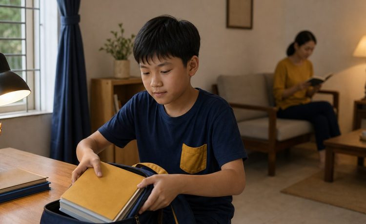 Học sinh ngồi vào bàn học buổi tối, cặp sách mở dưới sàn