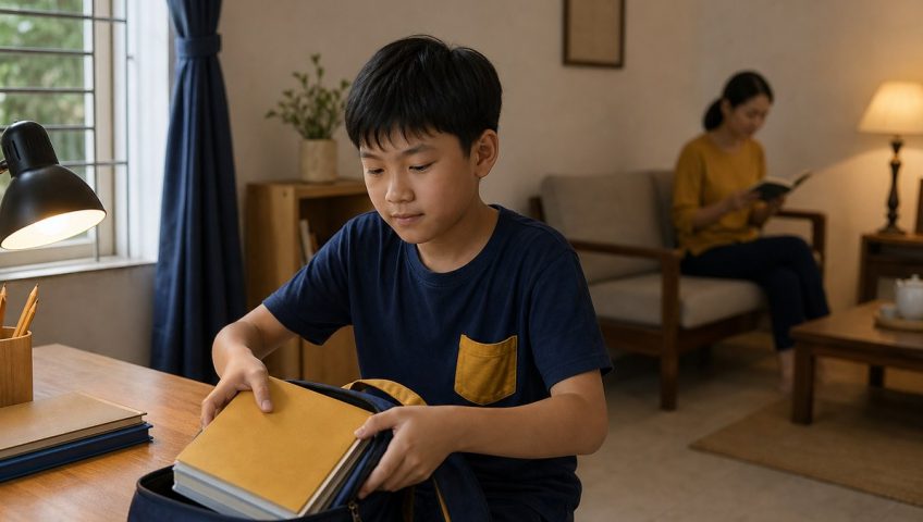 Học sinh ngồi vào bàn học buổi tối, cặp sách mở dưới sàn