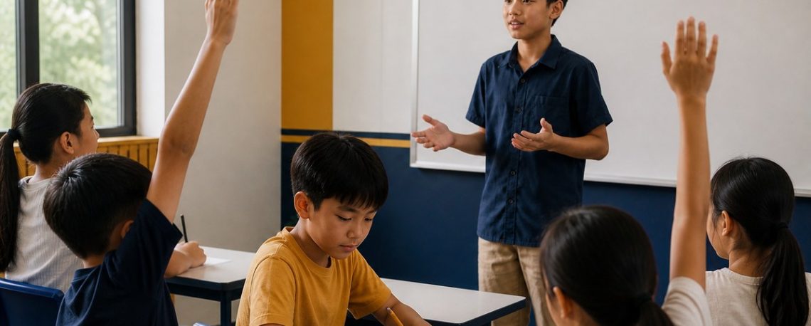 Một học sinh không giơ tay giữa lớp đang phát biểu sôi nổi
