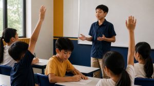 Một học sinh không giơ tay giữa lớp đang phát biểu sôi nổi