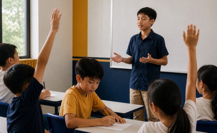 Một học sinh không giơ tay giữa lớp đang phát biểu sôi nổi