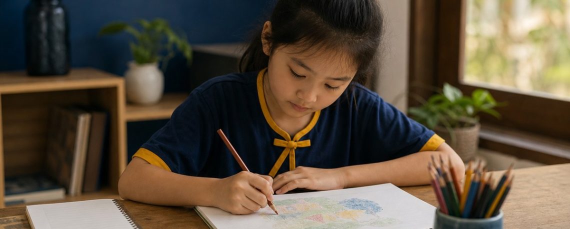 Học sinh vừa có sách vở vừa có sổ vẽ trên bàn học