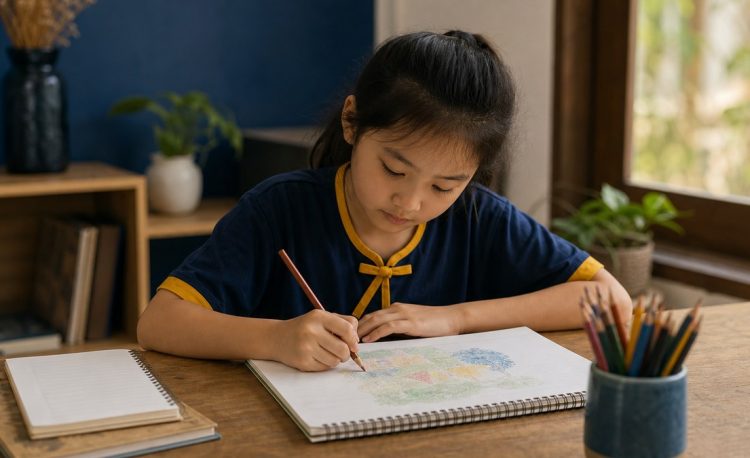 Học sinh vừa có sách vở vừa có sổ vẽ trên bàn học
