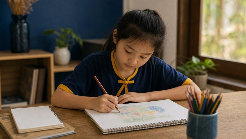 Học sinh vừa có sách vở vừa có sổ vẽ trên bàn học