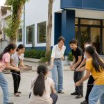Học sinh chơi trò chơi vận động theo nhóm ngoài sân