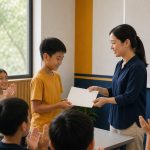 Giáo viên trao giấy khen cho học sinh cuối khoá