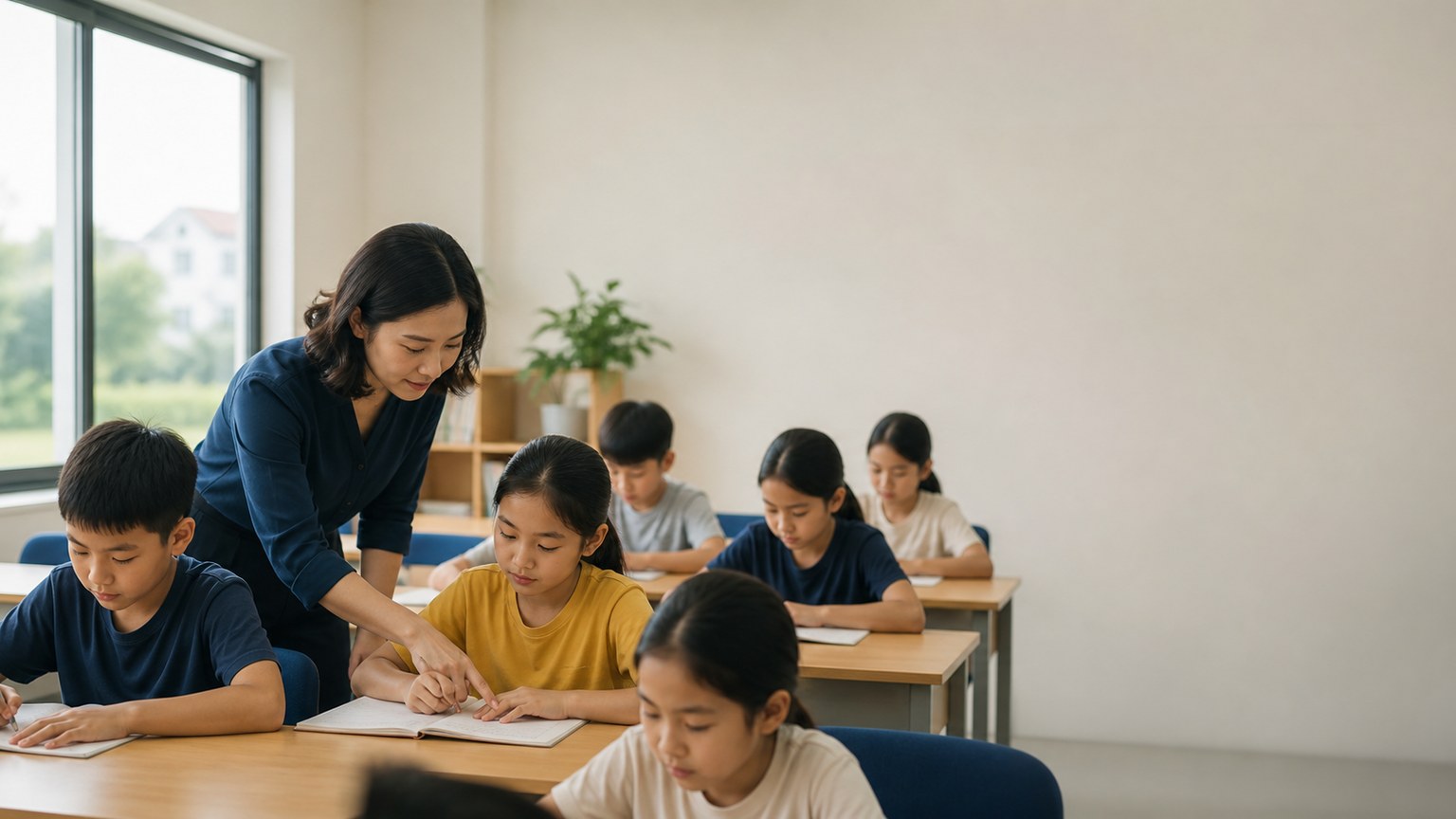 Lớp học tại Mona, giáo viên hướng dẫn học sinh tiểu học làm bài