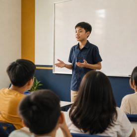 Học sinh đứng thuyết trình trước các bạn trong lớp kỹ năng