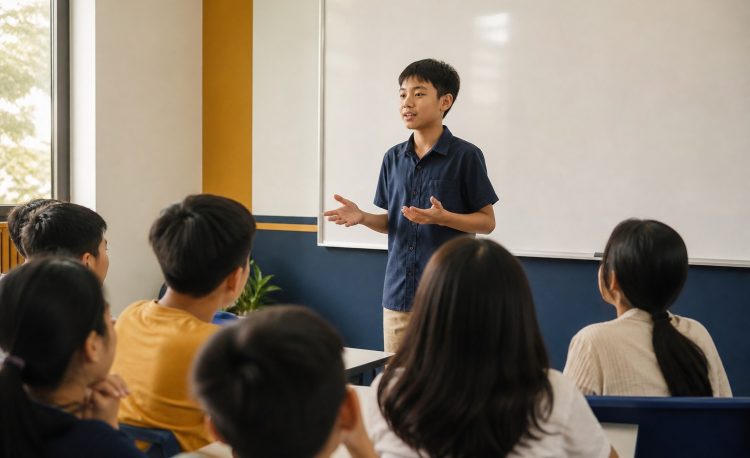 Học sinh đứng thuyết trình trước các bạn trong lớp kỹ năng