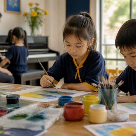 Lớp nghệ thuật với học sinh vẽ tranh và học đàn phím