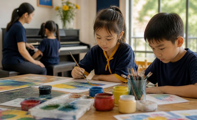 Lớp nghệ thuật với học sinh vẽ tranh và học đàn phím