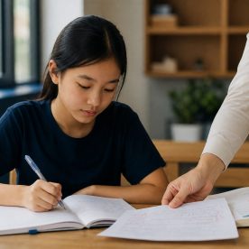 Học sinh trung học cơ sở viết bài tập làm văn, giáo viên trả bài đã chữa