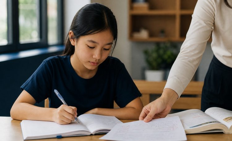 Học sinh trung học cơ sở viết bài tập làm văn, giáo viên trả bài đã chữa